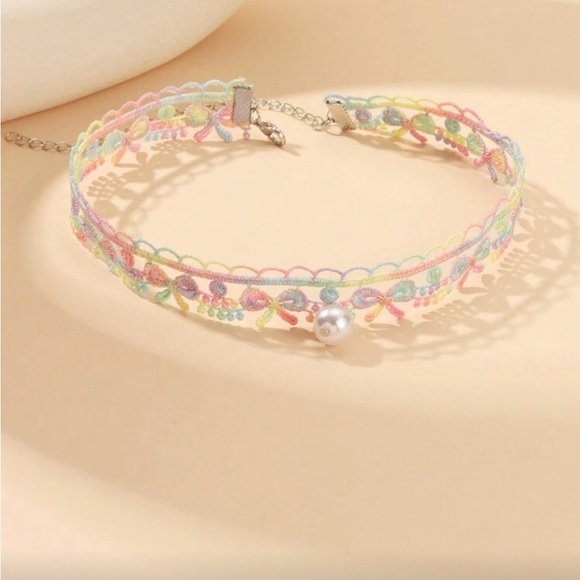 Jewelry - Delicate Pastel Lace Choker Necklace with Pearl Accent